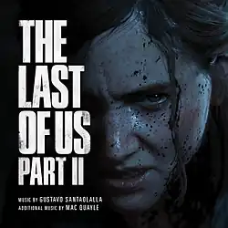 Close-up of Ellie's face (with splashes of blood). On the left is the text "The Last of Us Part II", with music credits below.