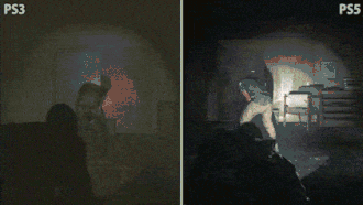 An animated GIF in which player character Joel sneaks up on an Infected and suffocates it to death. The GIF is a comparison between two versions of the game; the right has more visible lighting effects and updated character models.