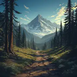 AI-generated digital artwork of a path to the forest with mountainous background