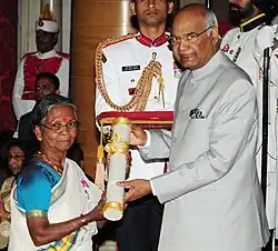 The President, Shri Ram Nath Kovind presenting the Padma Shri Award to Smt. Lekshmikutty, at the Civil Investiture Ceremony, at Rashtrapati Bhavan, in New Delhi on March 20, 2018.
