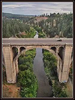 High Bridge Park looking north from the railroad bridge, showing the Sunset Boulevard Bridge and Latah Creek