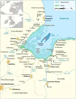 The Wash, showing the position of the towns and major villages that are of significance and the neighbouring areas.