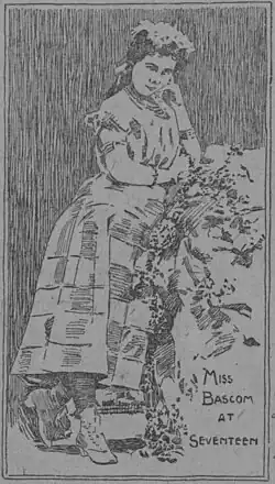 Black ink illustration of woman standing and leaning against a stone wall at waist-height