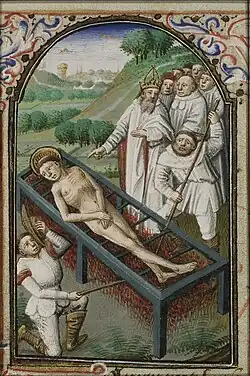 The martyrdom of St. Laurence of Rome - he is roasted on a gridiron - miniature on folio 073v