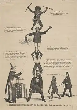 A racist caricature illustration showing an Uncle Sam speaking to George C. Gorham (a Republican gubernatorial candidate in California) carrying a Black Man, a Chinese man, and an Indigenous man on his back. To the side, a man in a tophat leads a monkey by a leash. The image is captioned, "THE RECONSTRUCTION POLICY OF CONGRESS, As illustrated in California." Uncle Sam says, "Young Man! read the history of your Country and learn that this ballot box was dedicated to the white race, alone. The load you are carrying will sink you to perdition, where you belong, or my name is not Jonathan." Gorham answers, "Shut your mouth Cuffy—you're as indiscreet as Bidwell and Dwinelle _ here's the way I express it _ 'The war of opinion is not yet fought through. It must go on until national citizenship shall no longer be controlled by local authority and Manhood alone shall be the test of the right to a voice in the Government." The Black man says, "Massa Gorum, I spose we'se biged to carry dese brudders, kase des'se no stinkshun ob race or culler any more, for kingdum cum." The Chinese man says, "Boss Gollam belly good man. He say chinaman vo _ tee all same melican man _ Ketch _ ee mine all same _ no pay taxee _ belly good." The American Indian man says, "Chemue Walla! Ingen vote! plenty whiskey all time _ Gorom big ingin." The man in the tophat says, "Say, Gorham! put this Brother up"