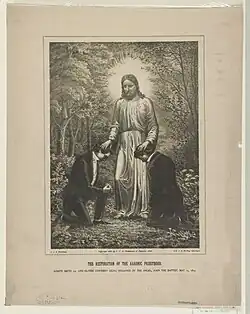 a man dressed in white places his hands on the heads of two men kneeling