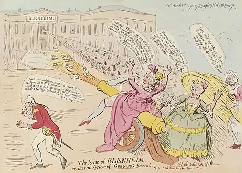 Etching that has been coloured with watercolour. The "shitstorm" from the palace is literal shit, fired shotgun-like from a naked rear end in the window of the palace.