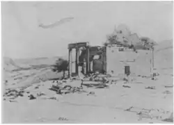 A black and white copy of a sketch showing a Roman temple in ruins in three-quarters view. A tree growing within its walls.