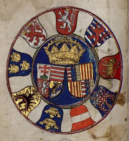 Chronica Hungarorum, Thuróczy chronicle, King Matthias Corvinus, Matthias Hunyadi, Beatrice of Aragon, Beatrice of Naples, coat of arms, medieval, Hungarian chronicle, book, illustration, history