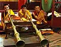 Tibetan Buddhist monks blowing the long horns, and drumming, Tharlam Monastery, closing ceremonies.