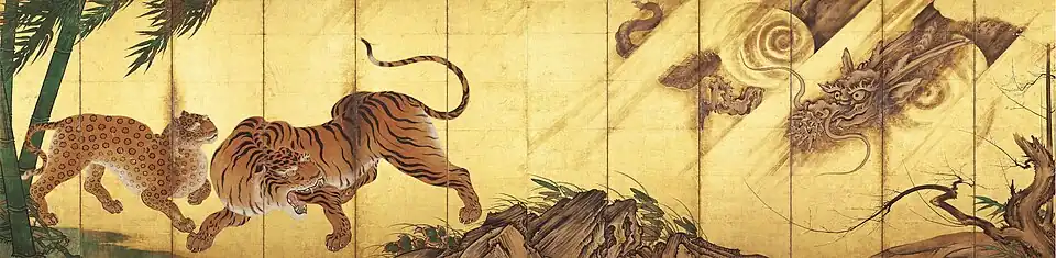 Pair of screens with tigers and dragon by Kanō Sanraku, 17th century, each 1.78 x 3.56 metres.