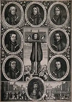 A man wearing a long wig stands in the pillory, while surrounded by portraits of eight other men.