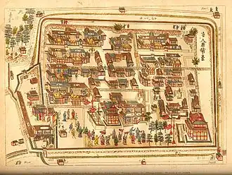 The Chinese traders at Nagasaki were confined to a walled compound (Tōjin yashiki),  1688