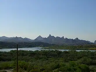 View of a wide river flowing through a forested area, with jagged mountains in the background