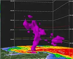 Image 8Radar 3D volume scan of the supercell showing debris lofted over 30,000 feet (9.1&nbsp;km) in the air as the tornado struck Mayfield (from 2021 Western Kentucky tornado)