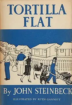 Book cover design depicting several male workers, a woman in a dress, and several dogs of different breeds on a neighborhood street