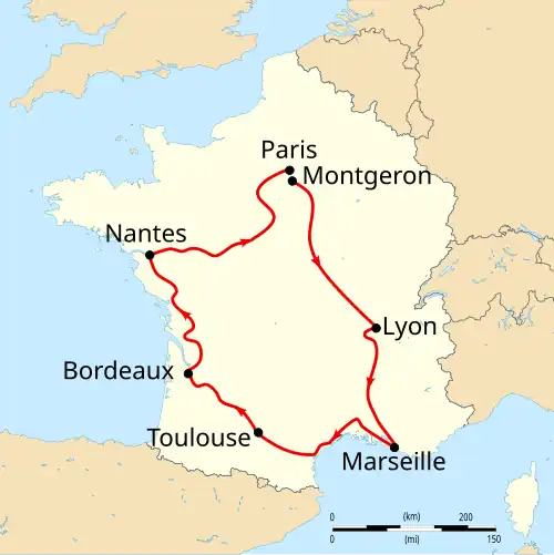 Map of France with the route of the 1904 Tour de France on it, showing that the race started Montgeron (close to Paris), went clockwise through France and ended in Paris after six stages.