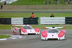 The Jan Lammers/Andy Wallace Toyota TS010 leads the example of Geoff Lees/Hitoshi Ogawa at the 1992 FIA WSC round at Silverstone.