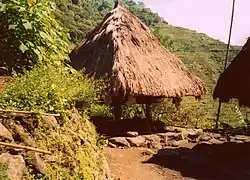 A traditional Ifugao house, called bale, with the Batad rice terraces in the background