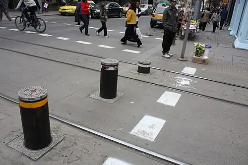 Rising bollards can retract to allow passage of streetcars in Sofia, Bulgaria