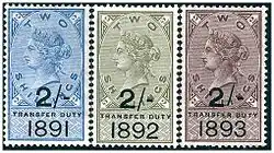 British 1891–1893 Queen Victoria revenue stamps appropriated for transfer duty