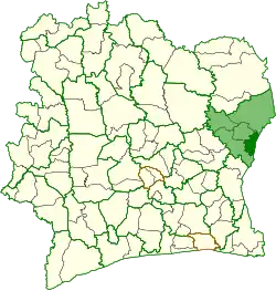Location in Gonougo Region (brighter green) and Ivory Coast. Transua Department has retained the same boundaries since its creation in 2008.