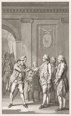 A black and white etching depicting three men surrendering their swords to another, while armed guards watch.
