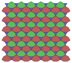 A 2-isogonal tiling can be made by combining 2 squares and 3 triangles into heptagons.