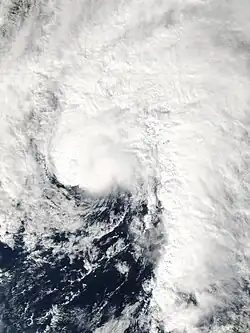 Satellite image of a comma-shaped tropical cyclone just off the United States Gulf Coast. All land in the image is obscured by cloud cover which extends in all directions, except southwest, from the center of the storm.