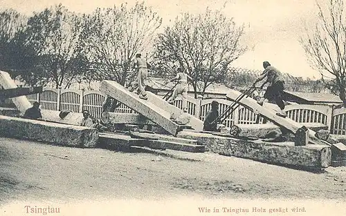 A postcard of Chinese sawyers using frame saws around 1900. This method does not need a saw pit.