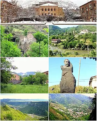 From top left: Tumanyan Central square Kobayr monastery • Debed River House of culture • Statue of Hovhannes Tumanyan Debed River gorge • Tumanyan landscape