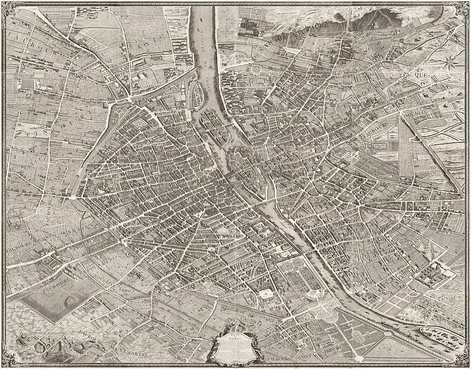 Image 15 Turgot map of Paris Map credit: Louis Bretez and Claude Lucas The Turgot map of Paris is a highly accurate and detailed map of the city of Paris, France, as it existed in the 1730s. It was published in 1739 as an atlas of twenty non-overlapping sectional bird's-eye-view maps, each approximately 50&nbsp;cm ×&nbsp;80&nbsp;cm (20&nbsp;in ×&nbsp;31&nbsp;in), in isometric perspective toward the southeast, as well as one simplified overview map with a four-by-five grid showing the layout of the twenty sectional maps. It has been described as "the first all-comprising graphical inventory of the capital, down to the last orchard and tree, detailing every house and naming even the most modest cul-de-sac". The complete map is shown here in its assembled form. Other sheets: '"`UNIQ--templatestyles-00000023-QINU`"' * Complete map * 1 * 2 * 3 * 4 * 5 * 6 * 7 * 8 * 9 * 10 * 11 * 12 * 13 * 14 * 15 * 16 * 17 * 18–19 * 20 More selected pictures