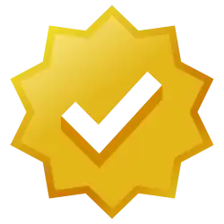 Gold-colored eight-lobed badge with checkmark icon