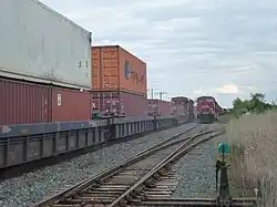Passing sidings in North America can be very long. This one in Bolton, Ontario&nbsp;– the track on the right&nbsp;– measures some 3.5&nbsp;km (2.2&nbsp;mi).
