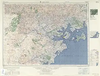 Map including Binlang Islet (unlabelled islet between Lesser Kinmen Island and Xiamen (Amoy) Island) (AMS, 1954)
