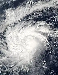Satellite image of a sprawling tropical cyclone, centered at the image's center. The white clouds of the storm takes up most of the image, with dark blue season visible on the image's extremities.