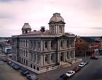 Portland's Custom House, with the wharf located across Commercial Street behind it