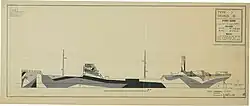 A drawing of USS Broad Arrow in Type 7 Design D camouflage, port side
