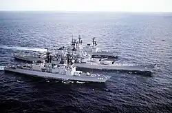 USS Comte de Grasse, USS Iowa and USS Deyo in the Atlantic Ocean on 14 January 1987