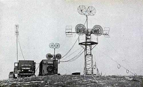Mobile US Army microwave relay station 1945 demonstrating relay systems using frequencies from 100&nbsp;MHz to 4.9&nbsp;GHz which could transmit up to 8 phone calls on a beam