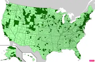Counties in the United States by per capita income according to the U.S. Census Bureau American Community Survey 2013–2017 5-Year Estimates.[53] Counties with per capita incomes higher than the United States as a whole are in full green.