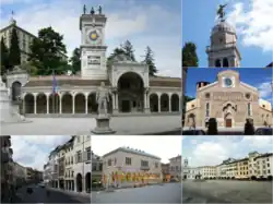 Top: San Giovanni Clock Tower and Liberta Square; Angel monument at Udine Santa Maria Church; and Udine Cathedral (left to lower right); bottom: Via Mercatovecchio&nbsp;[it]; Loggia del Lionello; and Matteotti Square&nbsp;[it] (left to right)
