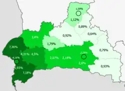Ukrainians in the region &nbsp;&nbsp;>6% &nbsp;&nbsp;4–6% &nbsp;&nbsp;2–4% &nbsp;&nbsp;1–2% &nbsp;&nbsp;<1%