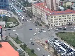 The intersection of Chinggis Khan Avenue and Peace Avenue, a major intersection, in Sukhbaatar District.