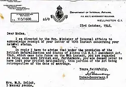 Photograph of a 1946 letter informing that New Zealand's Nationality Law has changed.