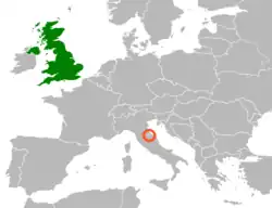 Map indicating locations of United Kingdom and San Marino