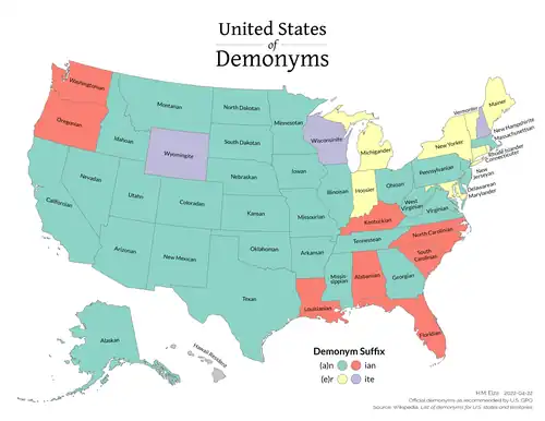 Map of state demonyms of the United States colored by suffix