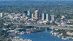 Aerial view of the University District from the southwest with the Ship Canal Bridge in the foreground