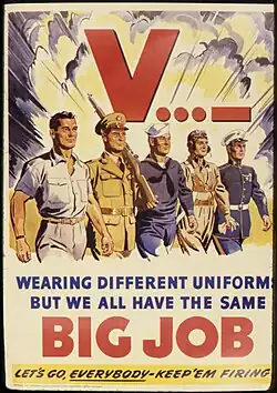 The V-sign (and its Morse code equivalent) incorporated on an American propaganda poster for the War Production Board, 1942 or 1943