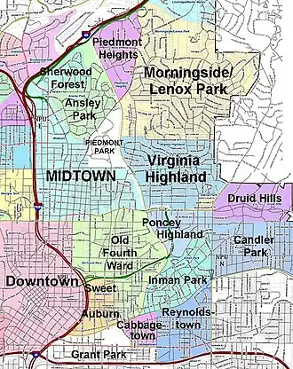 Virginia Highland location relative to downtown Atlanta